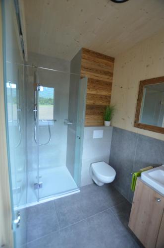 a bathroom with a shower and a toilet and a sink at Mobile Homes Camping Reiter in Greifenburg