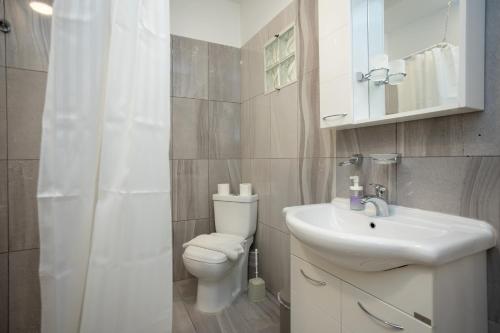 uma casa de banho com um WC, um lavatório e um chuveiro em Hestia Apartment! em Tessalónica