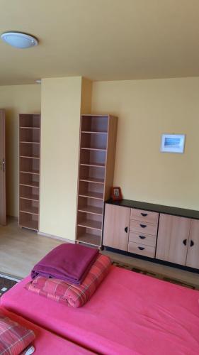 a bedroom with a large bed with a pink blanket at t45yhfg in Pobierowo