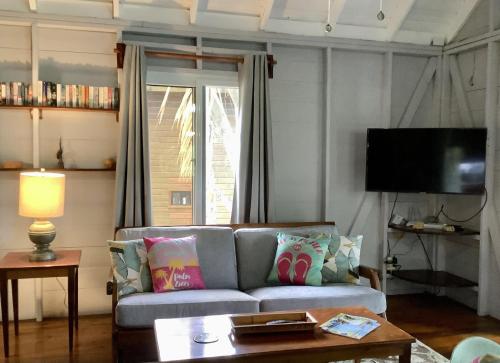 a living room with a couch and a tv at Patti's Paradise in Sandy Bay