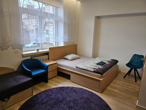 Cette chambre comprend un lit, une chaise et une fenêtre. dans l'établissement Lux kambarys centre su didele lova #2, à Kaunas