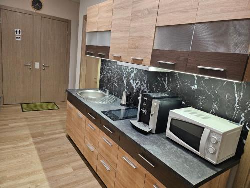 a kitchen with a microwave and a sink at Kauno apartamentai big room king size bed in Kaunas