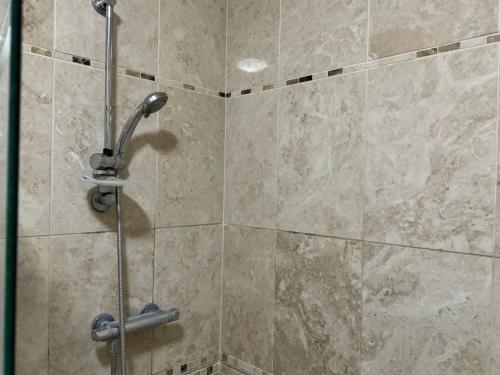 La salle de bains est pourvue d'une douche avec un pommeau de douche. dans l'établissement Prince Apartment Inn, à Norwich