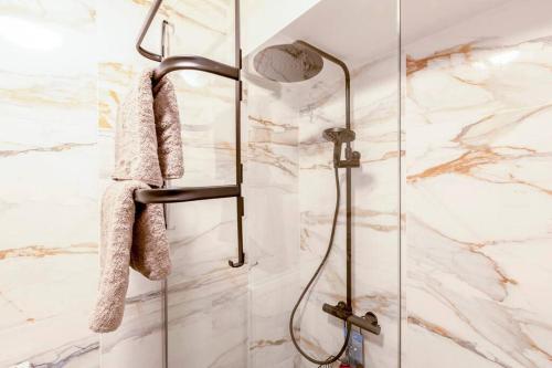 a shower in a bathroom with marble walls at Luxury Leie View in Ghent