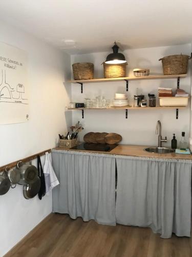 a kitchen with a counter with a sink and shelves at Charmant vakantiehuis in Unterkolbnitz