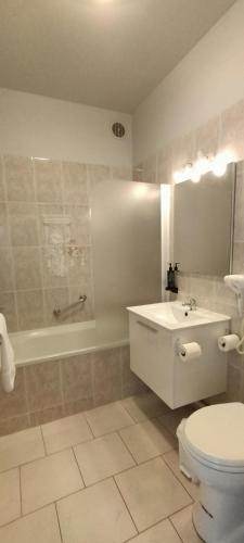 a bathroom with a toilet and a sink and a tub at Hôtel Restaurant Le Moulin de la Renne Adults Only proche Zoo de Beauval in Thésée