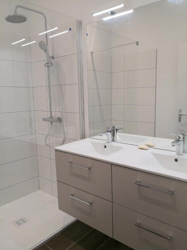 une salle de bain blanche avec un lavabo et une douche dans l'établissement Domaine de l'Ile, à Boulleret