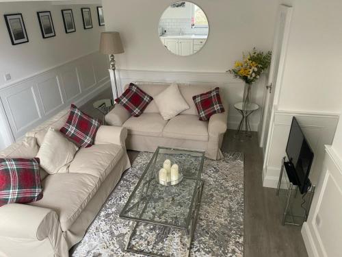 a living room with two couches and a tv at Johnsville House in Carlow