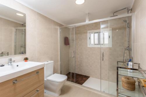 een badkamer met een douche, een toilet en een wastafel bij Villa Alegria in Torrox