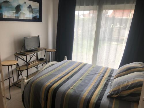 um quarto com uma cama, uma televisão e uma janela em Chambre d hôte à la plage LE MANAPANY em Camiers