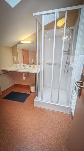 uma casa de banho com um chuveiro e um lavatório. em auberge du marronnier em Belmont-sur-Rance