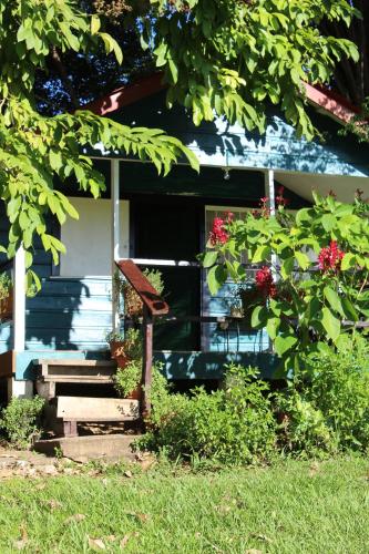 a blue house with a porch with flowers on it at Nabitunich in San Ignacio