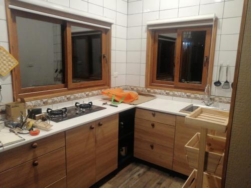 eine Küche mit einem Waschbecken und zwei Fenstern in der Unterkunft Refugio Rabones, Cabañas & Spa Junto al Rio in Colbún Alto