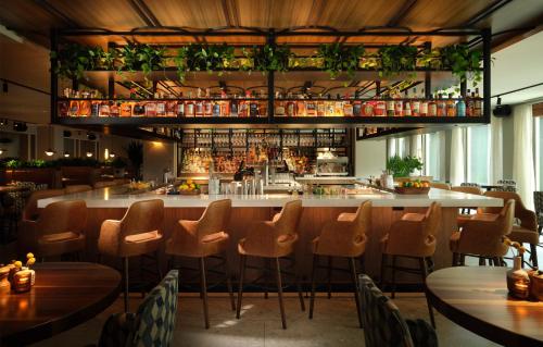 a bar in a restaurant with chairs and tables at Plaza San Antonio Hotel & Spa, Autograph Collection in San Antonio