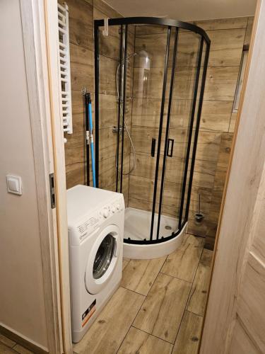 a washing machine in a bathroom with a shower at Apartamenty Premium Biznes Rumia in Rumia