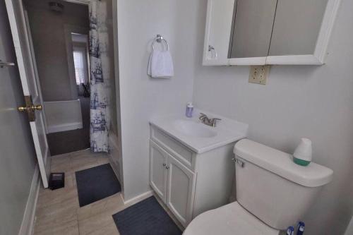 a bathroom with a toilet and a sink and a shower at Housepitality - The Traveler's Townhouse in Columbus
