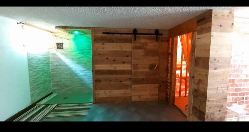 a bathroom with a shower with a wooden wall at Il Maiolandro in Noasca