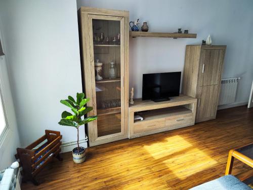 a living room with a television and a wooden floor at Apartamento Pena Furada in Ribadeo