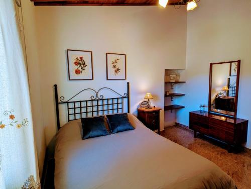 een slaapkamer met een groot bed en een spiegel bij Cortijo Claudia in Taberno