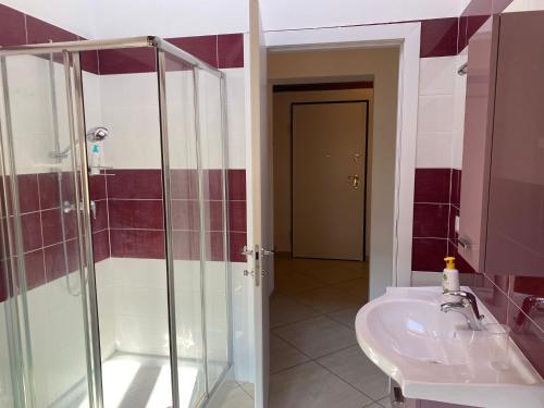La salle de bains est pourvue d'une douche en verre et d'un lavabo. dans l'établissement Appartamento Galliera, à San Venanzio