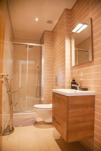 a bathroom with a shower and a toilet and a sink at Casa Sol in Burgau