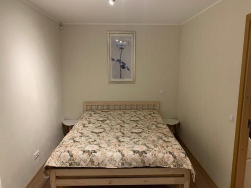 Schlafzimmer mit einem Bett mit einer Blumenbettdecke in der Unterkunft DIKOL APARTMENT in MAJAKA STREET in Tallinn