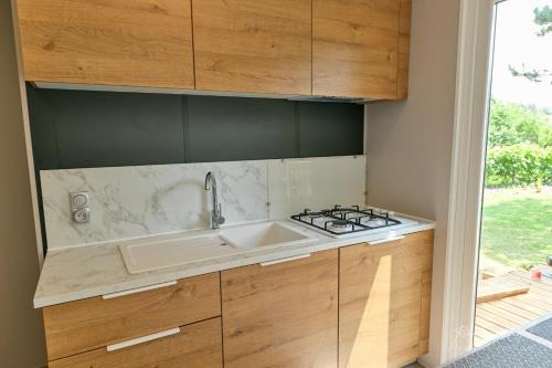 une cuisine avec un évier et une cuisinière dans l'établissement Domaine les Rousselieres, à Olonne-sur-Mer