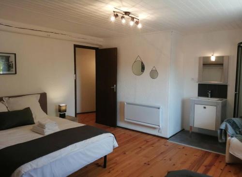 1 dormitorio con 1 cama grande y baño en Maison de 5 chambres avec piscine privee sauna et terrasse a Bellegarde Poussieu, en Bellegarde-Poussieu