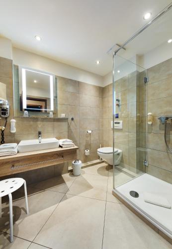 a bathroom with a sink toilet and a shower at Weingut Sandwiese Winzerhotel in Worms