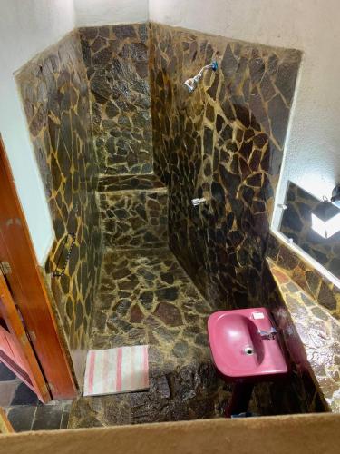 a bathroom with a stone shower with a pink sink at ViaVia Leon in León