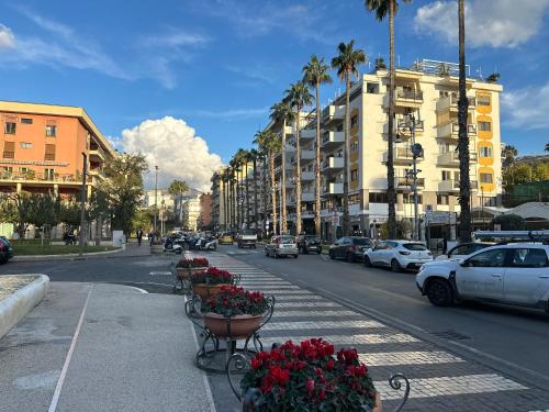 a city street with parked cars and flowers on the sidewalk at Room Center Sorrento Baby in Sorrento