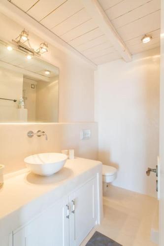 a bathroom with a sink and a mirror and a toilet at Island Villa Kon in Gavrio