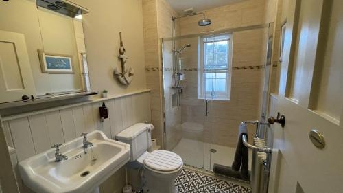 a bathroom with a shower and a toilet and a sink at Tan Y Cytiau in Holyhead