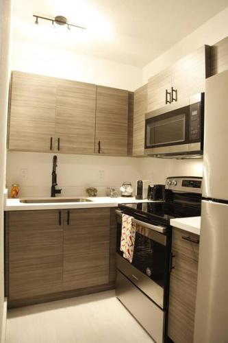 a kitchen with wooden cabinets and a sink and a stove at Apt 1 Miami Designer Studio in the Upper East-Side in Miami
