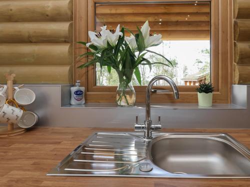 a kitchen sink with a vase of flowers in a window at Redwood Lodge in Ellesmere