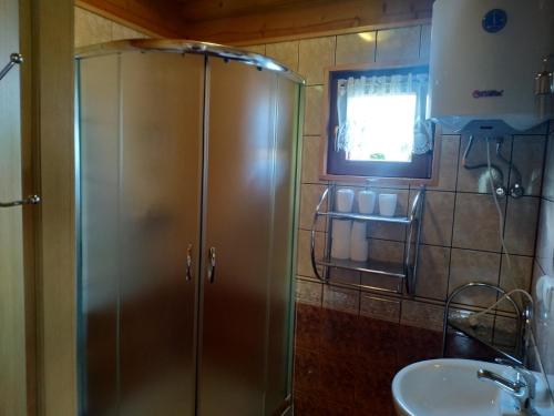 un bagno con doccia e lavandino di Domek letniskowy OAZA a Ryn