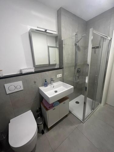 a bathroom with a toilet and a sink and a shower at Neubauwohnung mit großem Balkon in Aichtal 