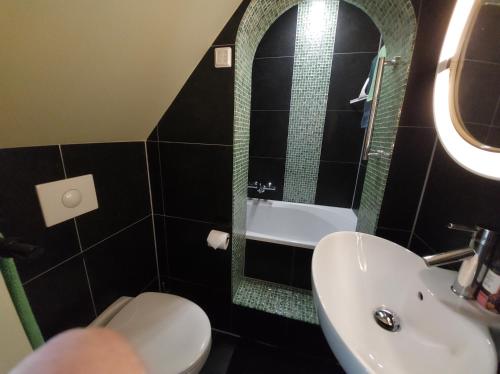 a bathroom with a sink and a toilet and a mirror at Zeelucht in Zandvoort