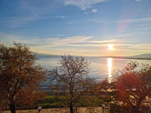 a sunset over the water with trees in the foreground at Place 2 Be in Nafpaktos