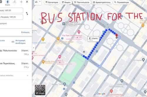 a bus station for the city on a map at Maria's Sunlit Apartment in Piraeus