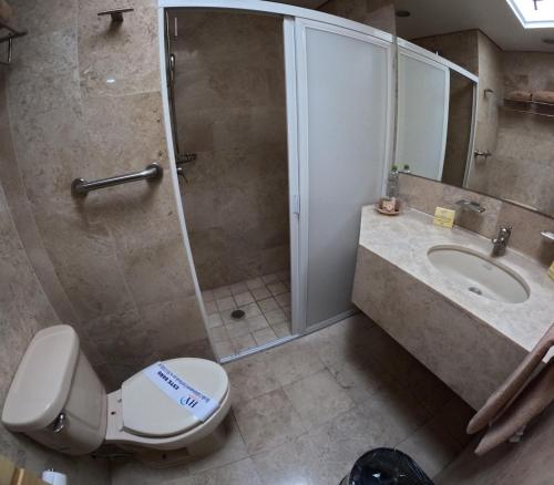 y baño con ducha, aseo y lavamanos. en Hotel Yvette en León