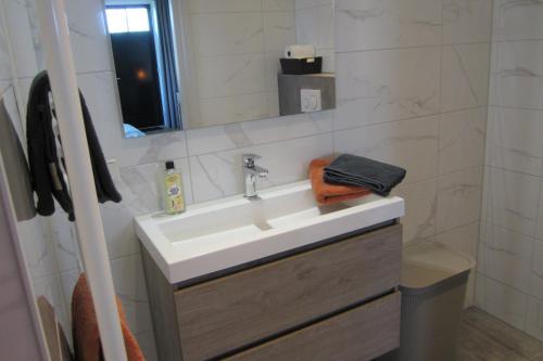 a bathroom with a sink and a mirror at Aan de Dijk in Edam