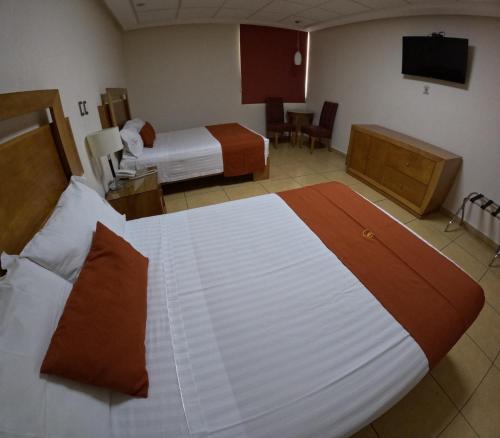 Habitación de hotel con 2 camas y TV en Hotel Yvette en León