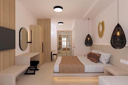 a bedroom with a bed and a desk at Likio Studios in Batsi