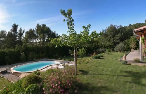 einen Pool in einem Garten neben einem Hof in der Unterkunft Gîte de l'Olympe in Aspiran