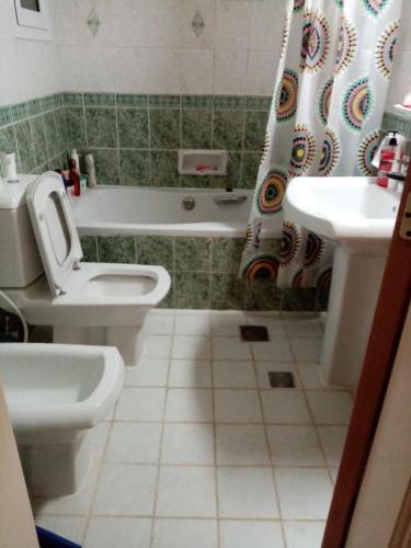 a bathroom with a toilet and a tub and a sink at A103 Cozy Private Room Shared Apartment Muroor Abu Dhabi UAE in Abu Dhabi