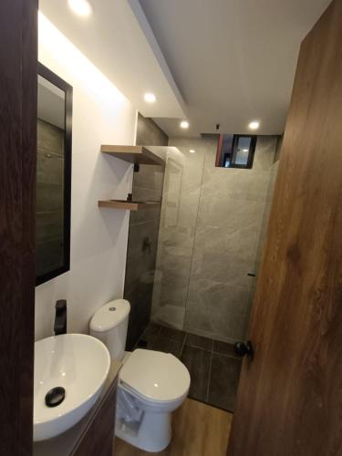 ein Bad mit einem WC, einem Waschbecken und einer Dusche in der Unterkunft Apto 1008 RB Increíble inmueble in Tunja