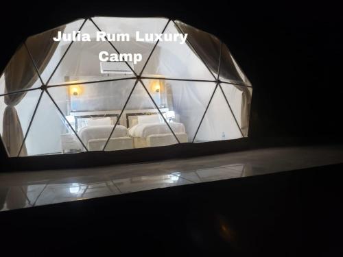 a glass iguana tent with a bed in it at Julia Rum Luxury Camp in Wadi Rum