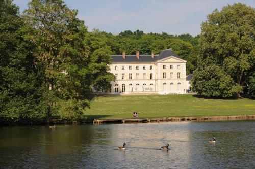 three ducks in the water in front of a large building at Ibis Budget Cergy St Christophe in Cergy