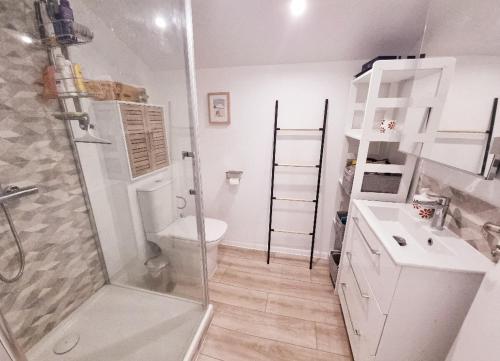 La salle de bains est pourvue d'une douche, de toilettes et d'un lavabo. dans l'établissement 5* Villa Saya T3 neuve à 100m de la plage, à Saint-Paul